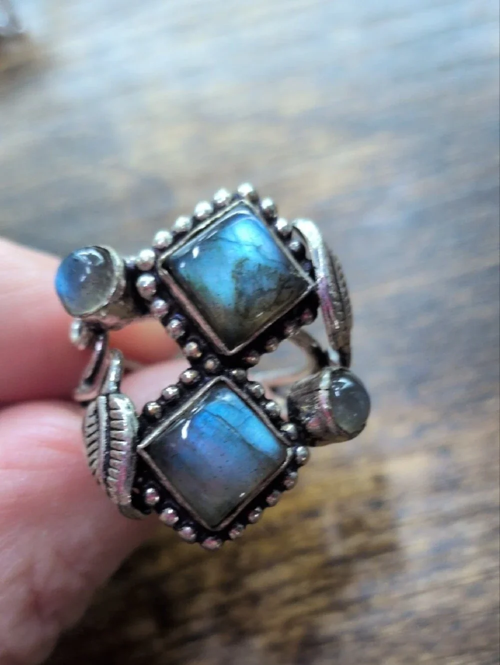 Labradorite Double Square Statement Ring - Silver Leaf Design